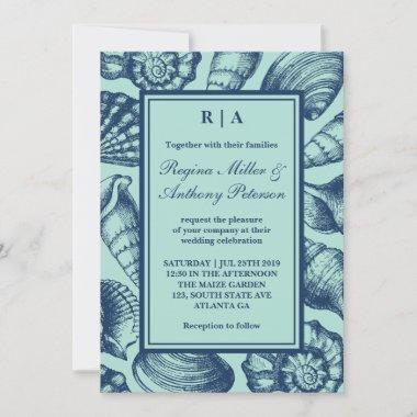Navy Blue Seashells Beach Wedding Invitations