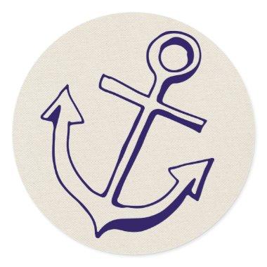 Navy Blue Ship Anchor Nautical Tan Wedding Party Classic Round Sticker