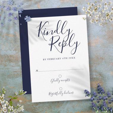 Navy Blue Signature Script Modern Wedding RSVP Card