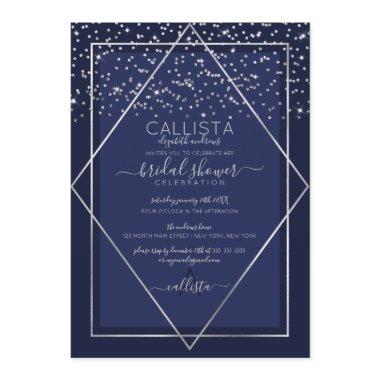 Navy Blue Silver Confetti Border Bridal Shower Invitations