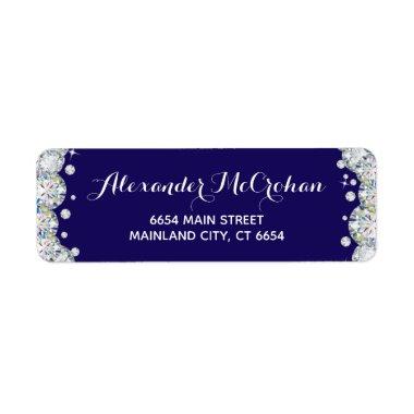 Navy Blue Silver Diamond Glitter Return Address Label