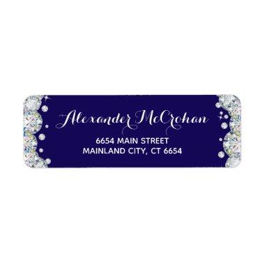 Navy Blue Silver Diamond Glitter Return Address Label