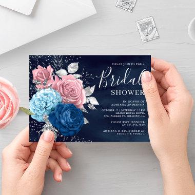 Navy Blue Silver Dusty Pink Floral Bridal Shower Invitations
