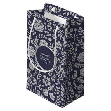 Navy Blue Silver Floral Bridal Shower Thank You Small Gift Bag