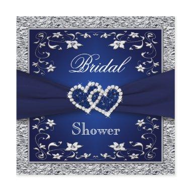 Navy Blue, Silver Floral, Hearts Bridal Shower Invitations