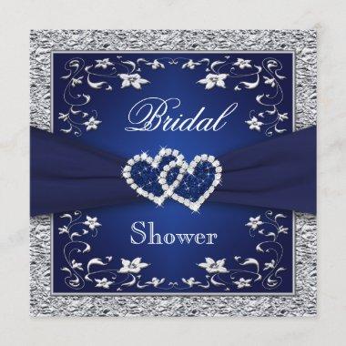 Navy Blue, Silver Floral, Hearts Bridal Shower Invitations