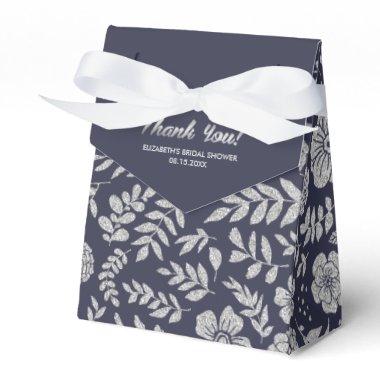 Navy Blue Silver Floral Pattern Bridal Shower Favor Boxes