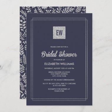 Navy Blue | Silver Floral Pattern Bridal Shower Invitations