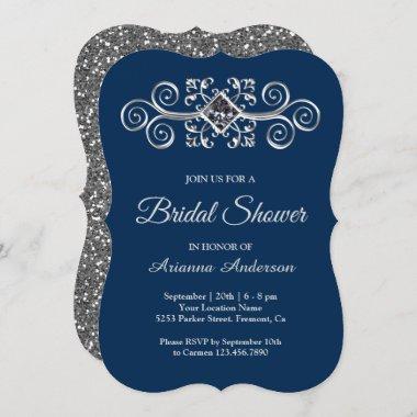 Navy Blue Silver Flourish Diamond Bridal Shower Invitations