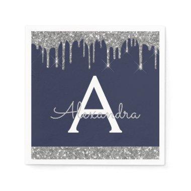 Navy Blue Silver Glitter Black Monogram Birthday Napkins