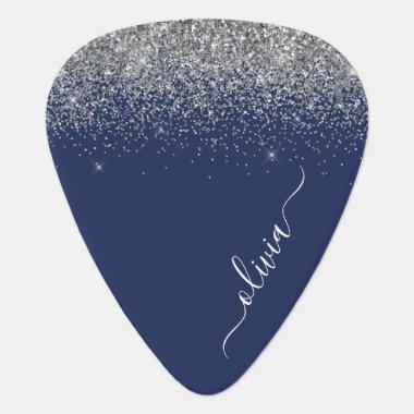 Navy Blue Silver Glitter Girly Monogram Name Guitar Pick