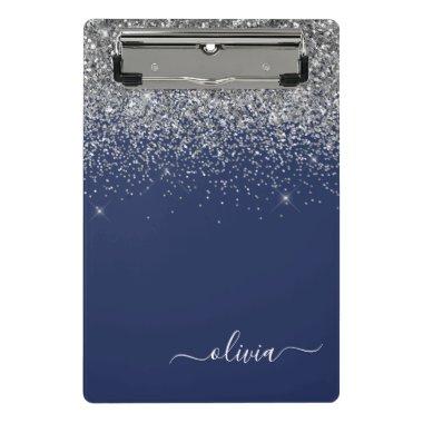 Navy Blue Silver Glitter Girly Monogram Name Mini Clipboard