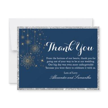 Navy Blue Silver Glitter Snowflake Thank You