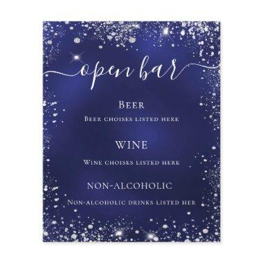 Navy blue silver glitter wedding bar menu