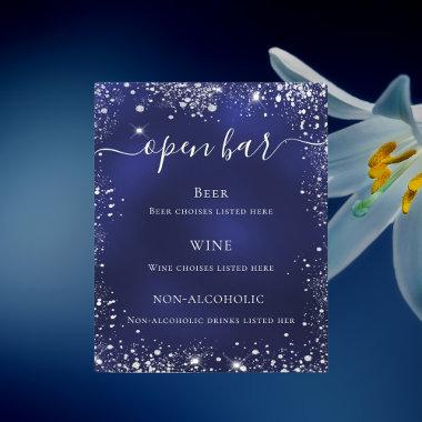 Navy blue silver glitter wedding bar menu flyer