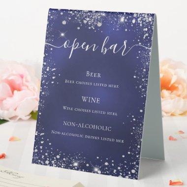 Navy blue silver glitter wedding bar menu table tent sign