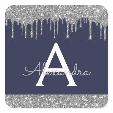 Navy Blue Silver Sparkle Glitter Monogram Square Sticker