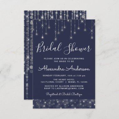 Navy Blue Silver String Lights Bridal Shower Invitations
