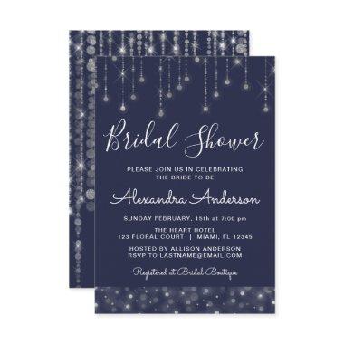 Navy Blue Silver String Lights Bridal Shower Invitations