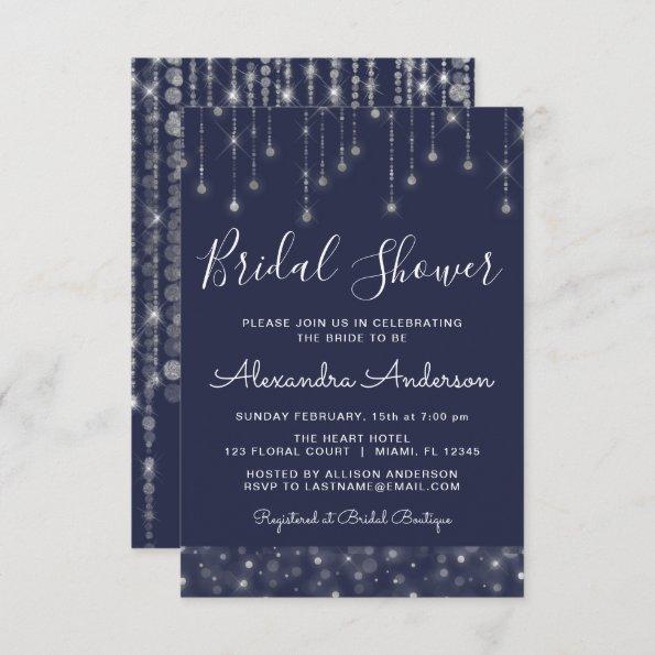 Navy Blue Silver String Lights Bridal Shower Invitations