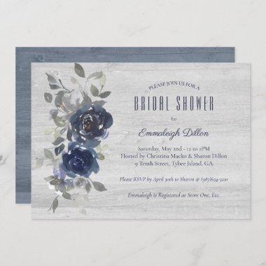Navy Blue Silver Watercolor Floral Bridal Shower Invitations
