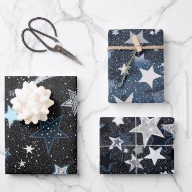 Navy Blue Sky With Silver Moon and Stars Wrapping Paper Sheets