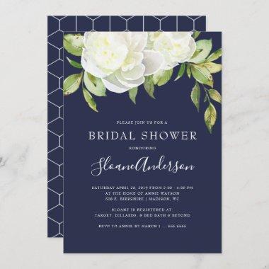 Navy Blue Spring Floral Peony Bridal Shower Invitations