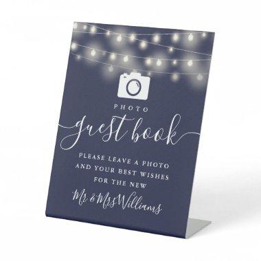 Navy Blue String Lights Photo Guest Book Pedestal Sign