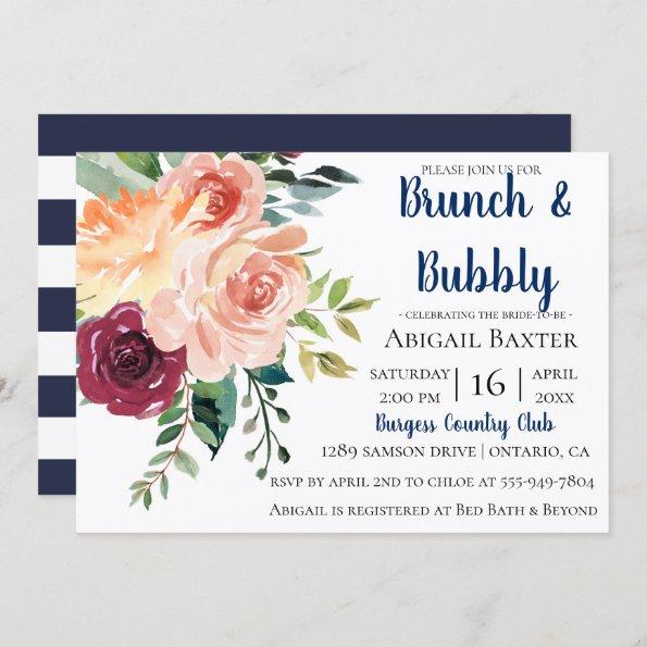Navy Blue Stripe Floral Bridal Brunch Invitations