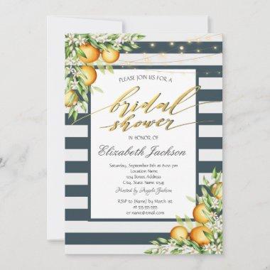 Navy Blue Stripe Lemon Citrus Bridal Shower Invitations