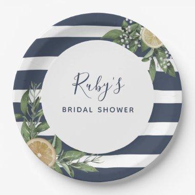 Navy Blue Stripe Lemon Citrus Bridal Shower Paper Plates