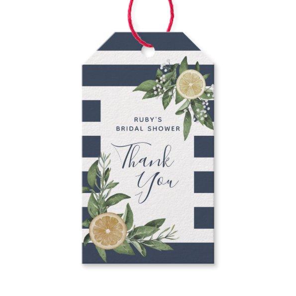 Navy Blue Stripe Watercolor Lemon Bridal Shower In Gift Tags