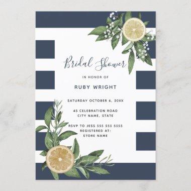 Navy Blue Stripe Watercolor Lemon Bridal Shower Invitations