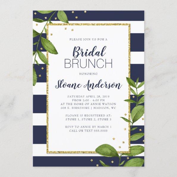 Navy Blue Stripes Botanical Bling Bridal Brunch Invitations