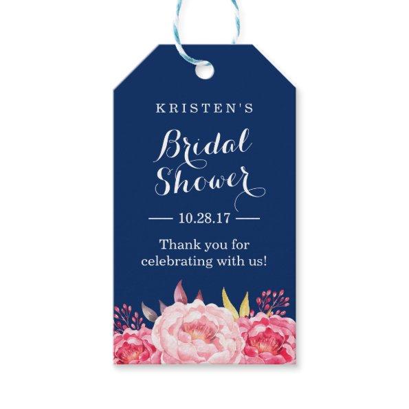 Navy Blue Stripes Floral Bridal Shower Thank You Gift Tags