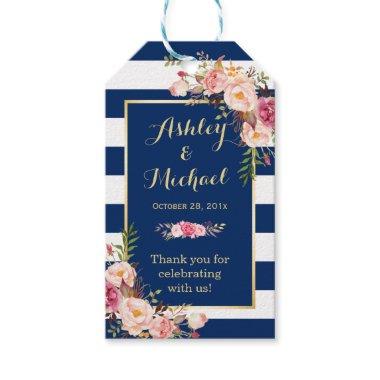 Navy Blue Stripes Floral Wedding Thank You Gift Tags