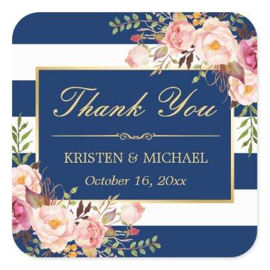 Navy Blue Stripes Gold Pink Floral Thank You Square Sticker