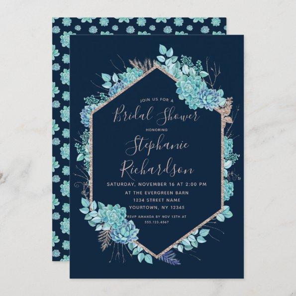 Navy Blue Succulents Bridal Shower Invitations