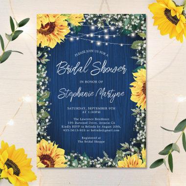Navy Blue Sunflower Lights Bridal Shower Invitations