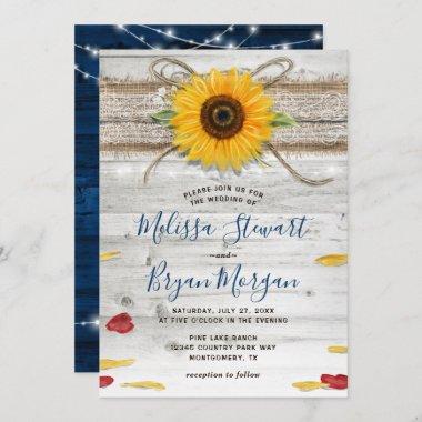 Navy Blue Sunflower Rose Wood Lace Rustic Wedding Invitations