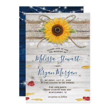 Navy Blue Sunflower Rose Wood Lace Rustic Wedding Invitations