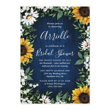 Navy Blue Sunflower Rustic Country Bridal Shower Invitations