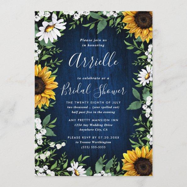 Navy Blue Sunflower Rustic Country Bridal Shower Invitations