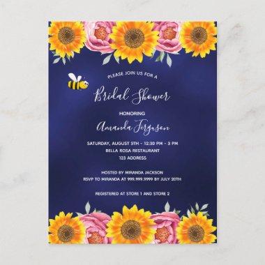 Navy blue sunflowers pink Bridal Shower invitation PostInvitations