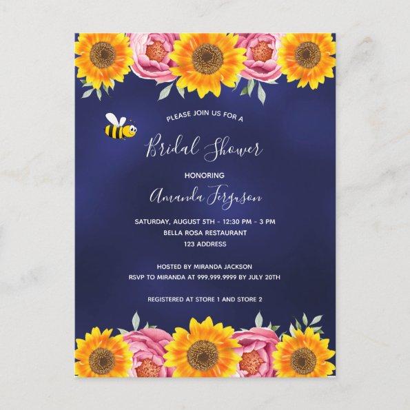 Navy blue sunflowers pink Bridal Shower invitation PostInvitations