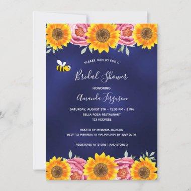 Navy blue sunflowers pink florals Bridal Shower Invitations