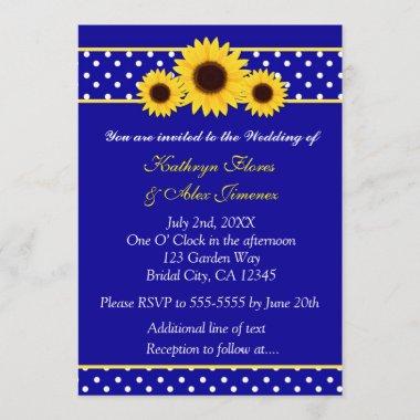 Navy Blue Sunflowers Polka Dot Wedding Invitations