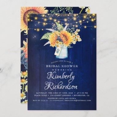 Navy Blue Sunflowers Rustic Fall Bridal Shower Invitations