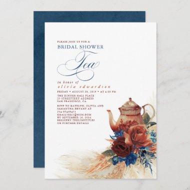 Navy Blue Terracotta Floral Bridal Shower Tea Invitations