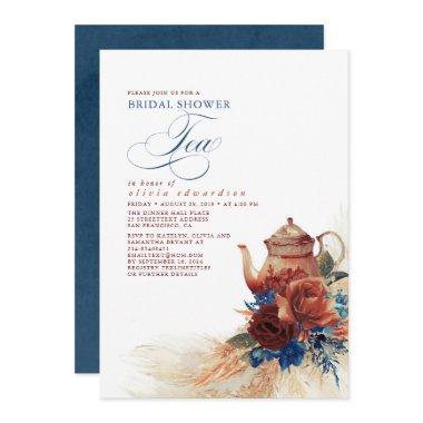 Navy Blue Terracotta Floral Bridal Shower Tea Invitations